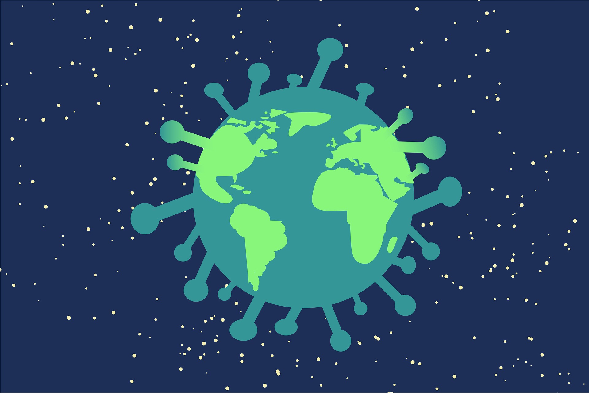 Coronavirus i rymden med en världskarta inuti.