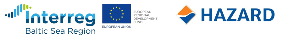 Interreg Baltic Sea Region -logo, Euroopan Unioni -logo ja Hazard-logo
