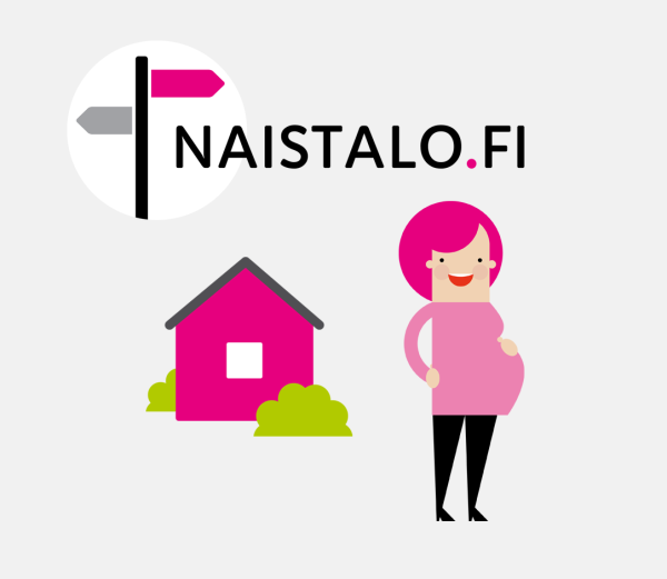 Piirroskuva, jossa raskaana oleva nainen seisoo talon pihalla.