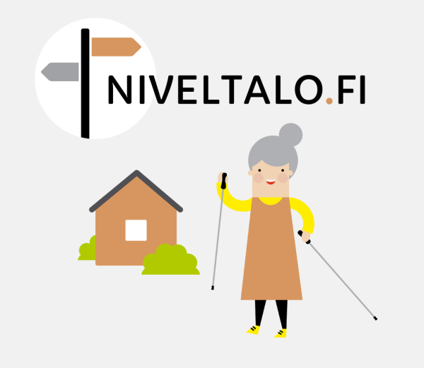 Piirroskuva, jossa vanha ihminen seisoo talon pihalla kävelysauvojen kanssa.