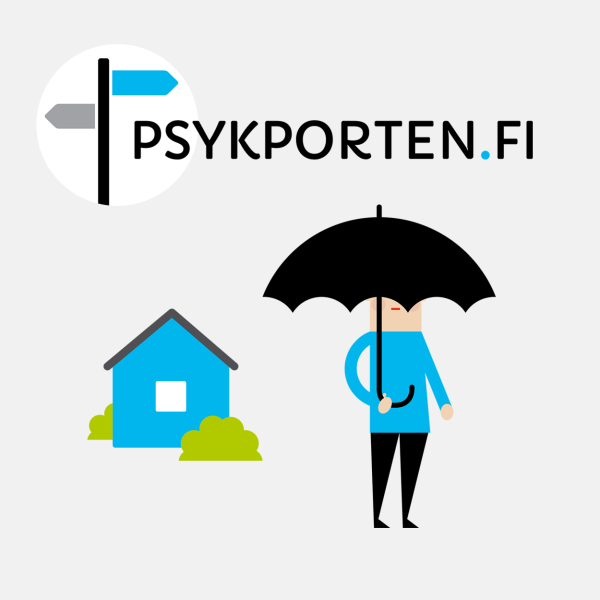 En teckning av en person som står framför huset under ett svart paraply.