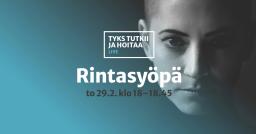 Naisen kasvot ja teksti: TYKS TUTKII JA HOITAA LIVE Rintasyöpä to 29.2. klo 18 - 18.45